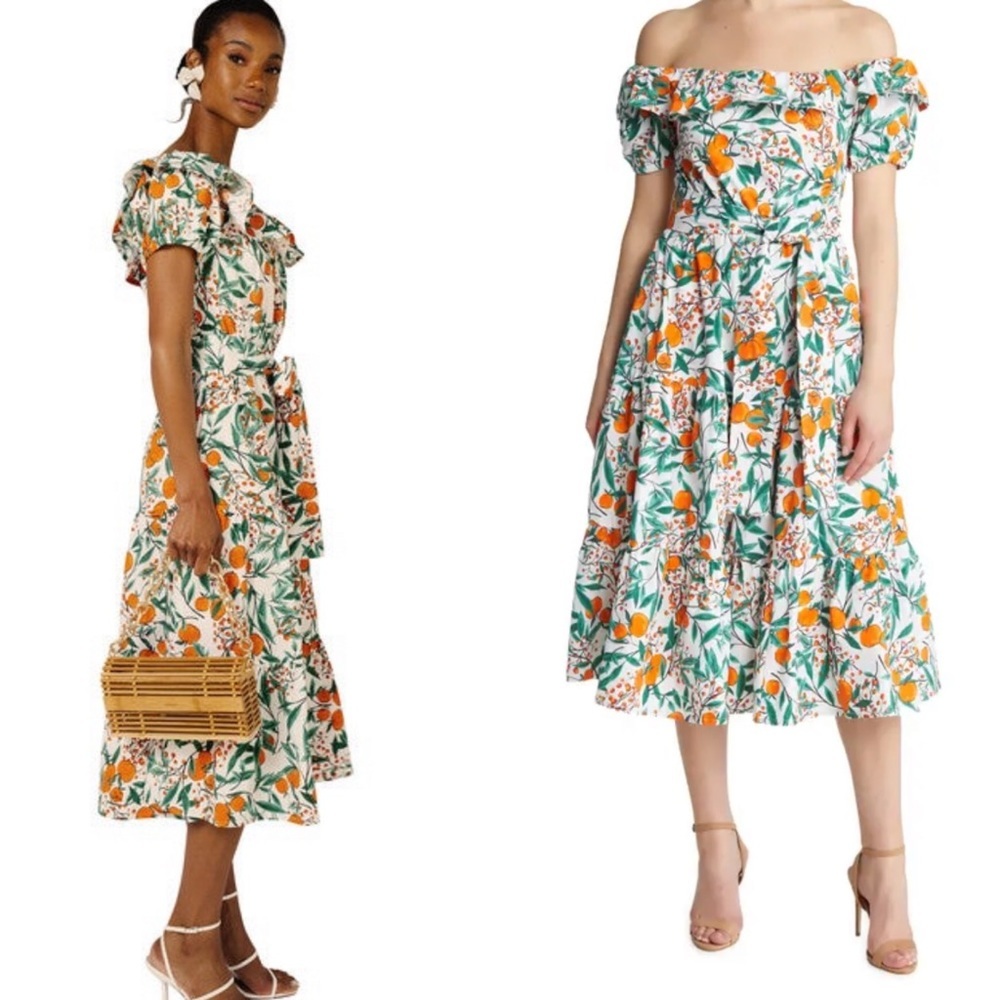 Rachel Parcell White Floral Midi Dress with Orange & Green Print